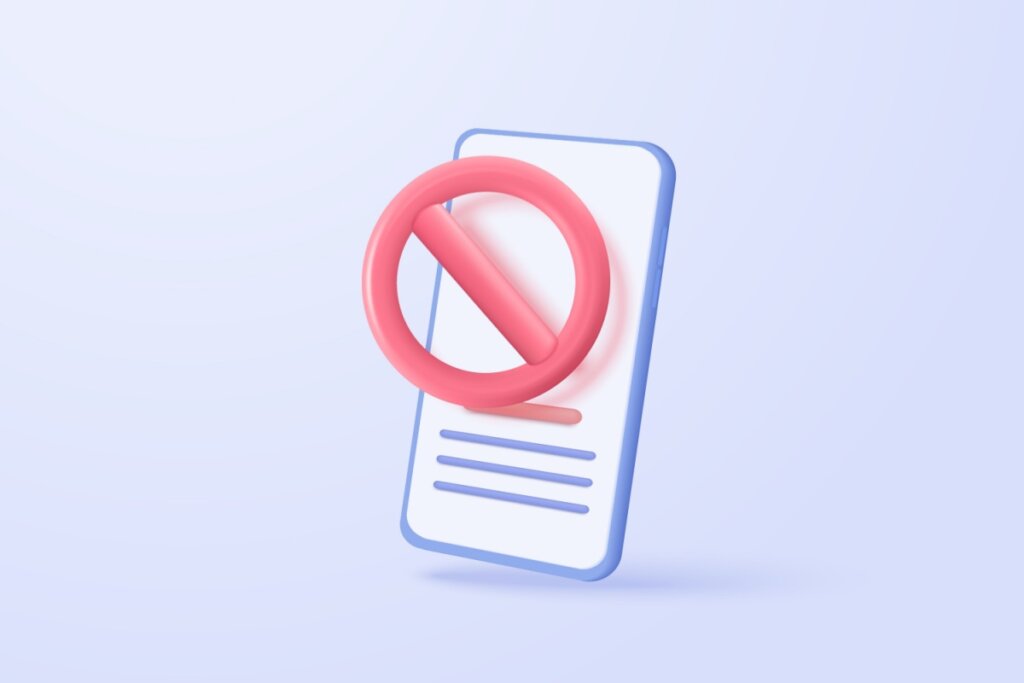 Ilustração de celular, com símbolo de proibido vermelho em cima da tela em fundo roxo claro