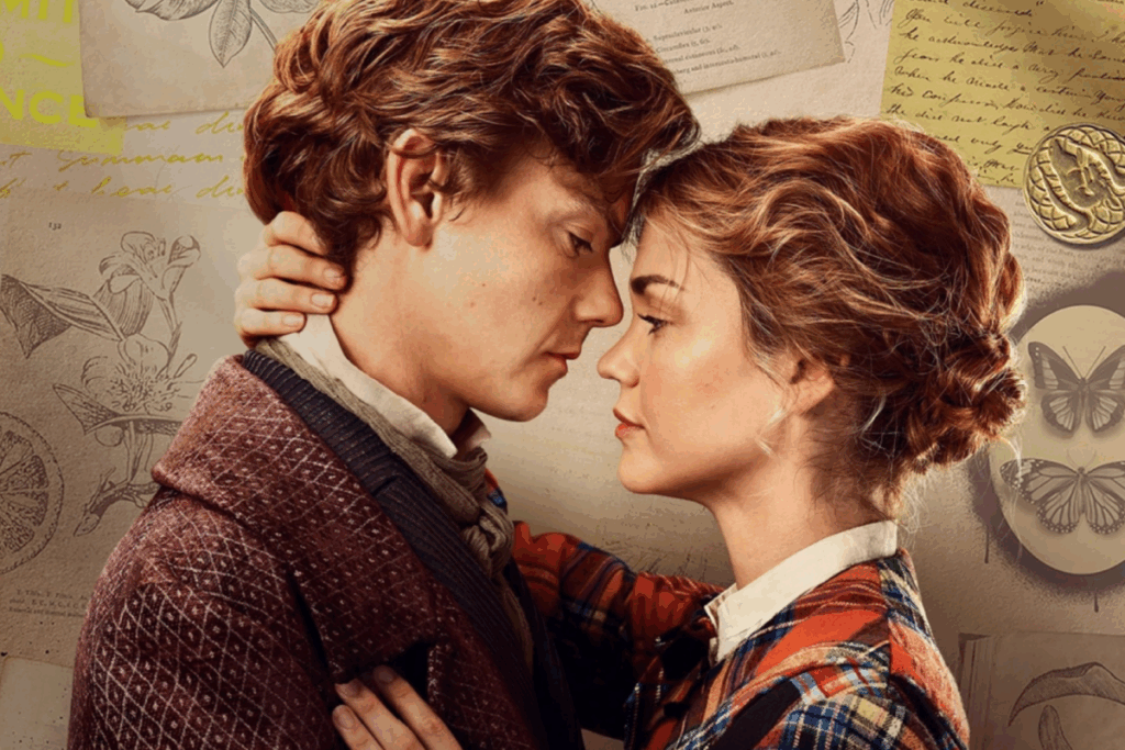 Casal de homem e mulher se encarando de forma intensa e próxima em uma cena romântica com fundo ilustrado por desenhos e anotações