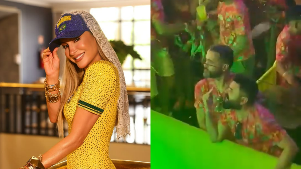 Claudia Leitte à esquerda usando roupa do Brasil; homem à direita mostrando o dedo do meio para a cantora