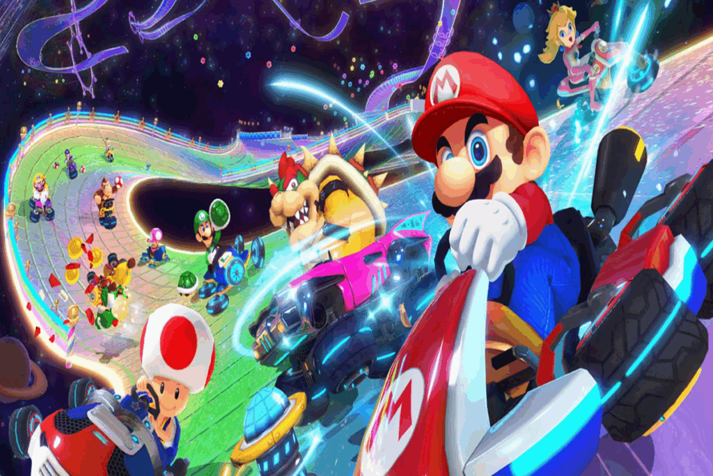 Personagens do mundo de Super Mario Bros correndo em pista colorida em carros de kart personalizados