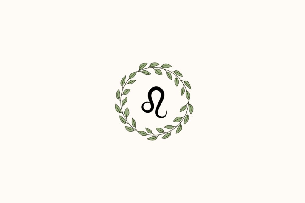 Ilustração de uma coroa de plantas ao redor do signo de leão, sobre fundo amarelo-claro