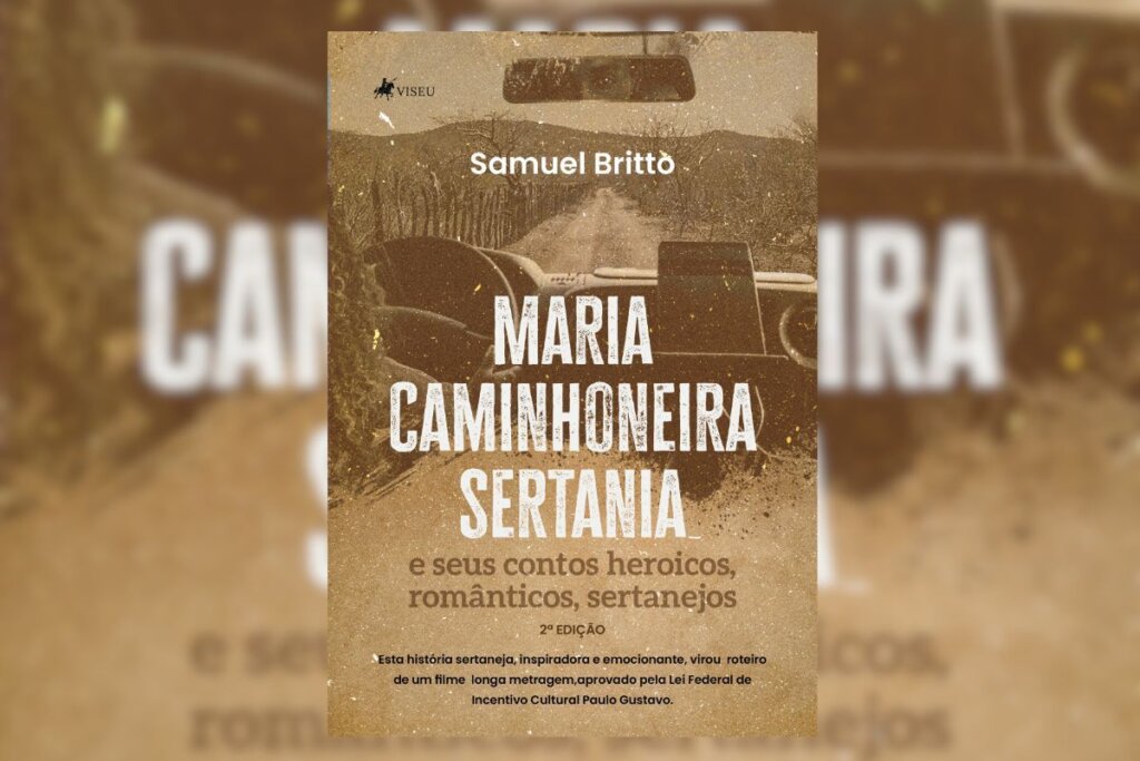 Capa do livro "Maria Caminhoneira Sertania e seus contos heroicos, românticos, sertanejos", com a ilustração de um carro em uma estrada no sertão 