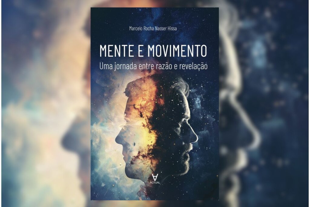 Capa do livro "Mente e movimento: uma jornada entre razão e revelação", com a ilustração do rosto de um homem em preto e branco de um lado e do outro branco pegando fogo 