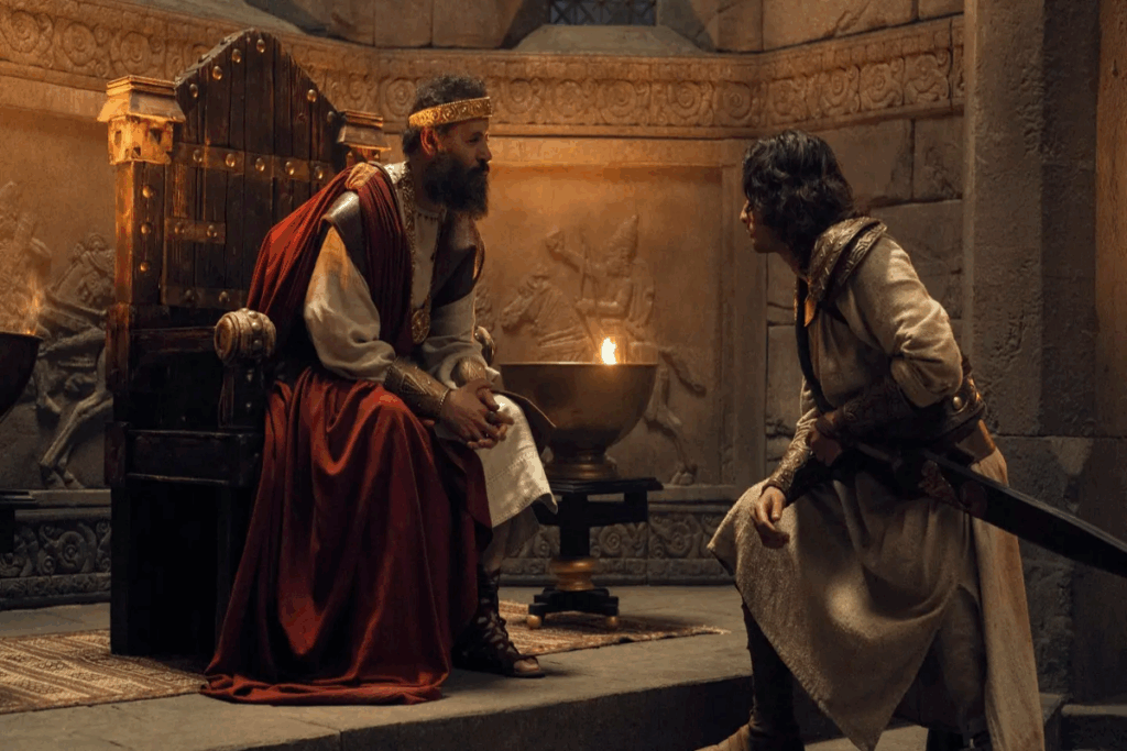 Homem com cabelo curto e barba, sentado em trono usando veste branca e vermelha e coroa conversando com outro homem com o cabelo no ombro, usando roupas de guerreiro de época