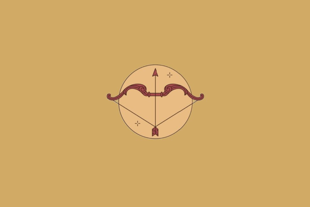 Ilustração do signo de Sagitário contendo um arco e flecha apontados para cima em fundo mostarda