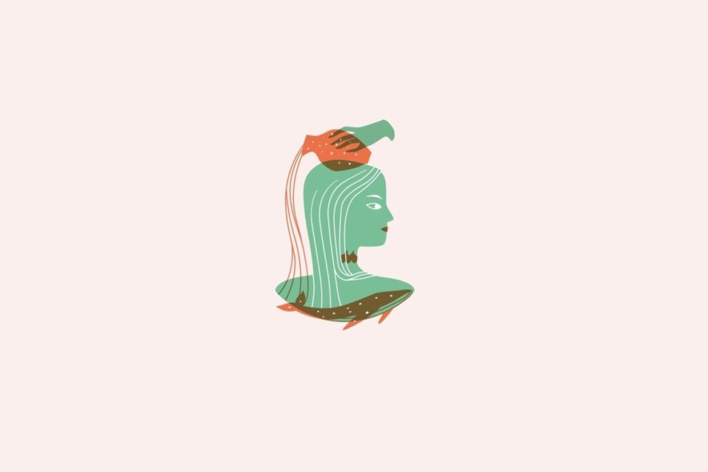 Ilustração do signo de Aquário contendo uma mulher com uma jarra despejando água sobre a cabeça em fundo rosa-claro