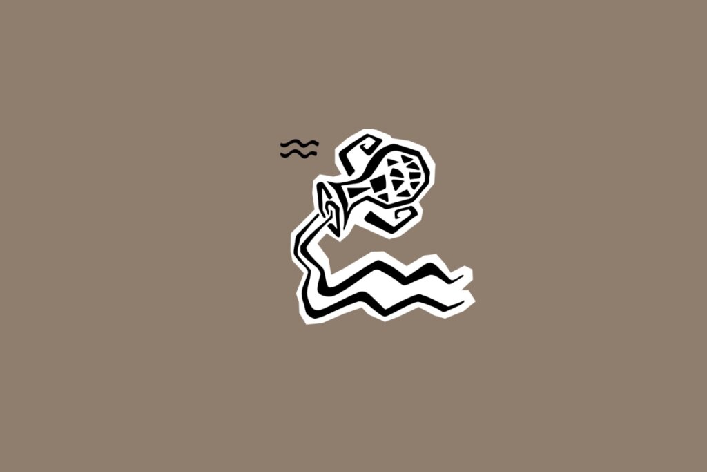 Ilustração do signo de Aquário com uma ânfora despejando ondas de água estilizadas, ao lado do símbolo do signo, em fundo marrom