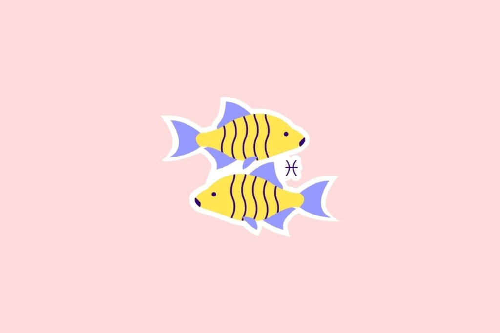 Ilustração do símbolo de Peixes com dois peixes amarelos e detalhes em lilás, sobre fundo rosa-claro