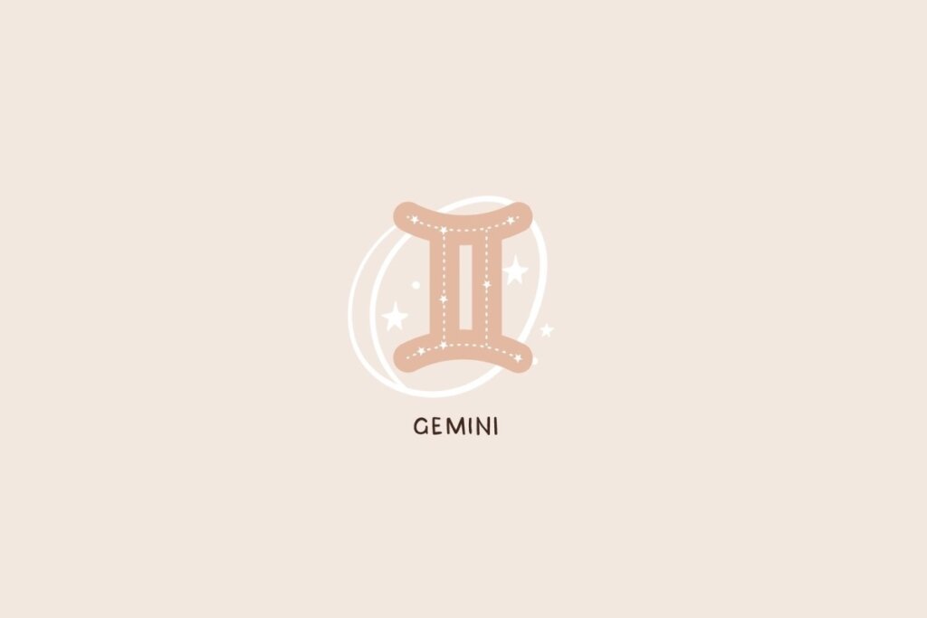 Ícone do signo de Gêmeos com duas linhas verticais paralelas conectadas por traços pontilhados e detalhes de estrelas sobre um fundo rosa-claro