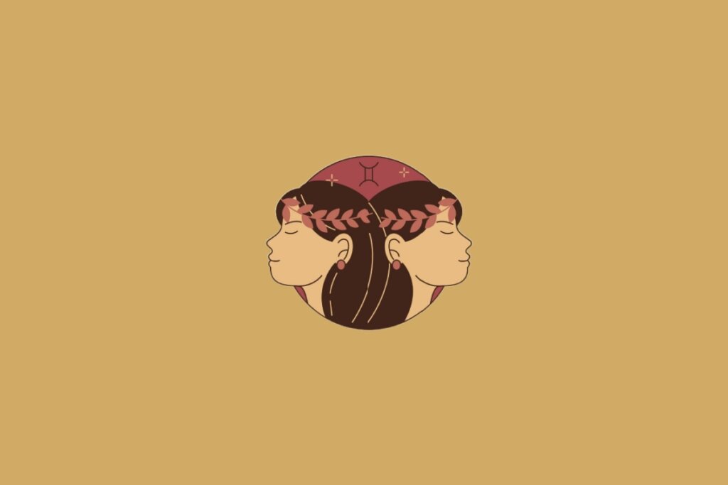 Ilustração do signo de Gêmeos contendo duas faces femininas opostas representando dualidade em fundo mostarda
