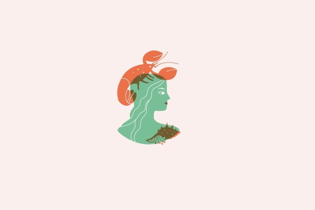 Ilustração do signo de Câncer contendo uma mulher com um caranguejo sobre a cabeça em fundo rosa-claro