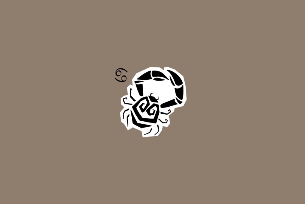 Ilustração do signo de Câncer com um caranguejo detalhado, ao lado do símbolo do signo, em fundo marrom