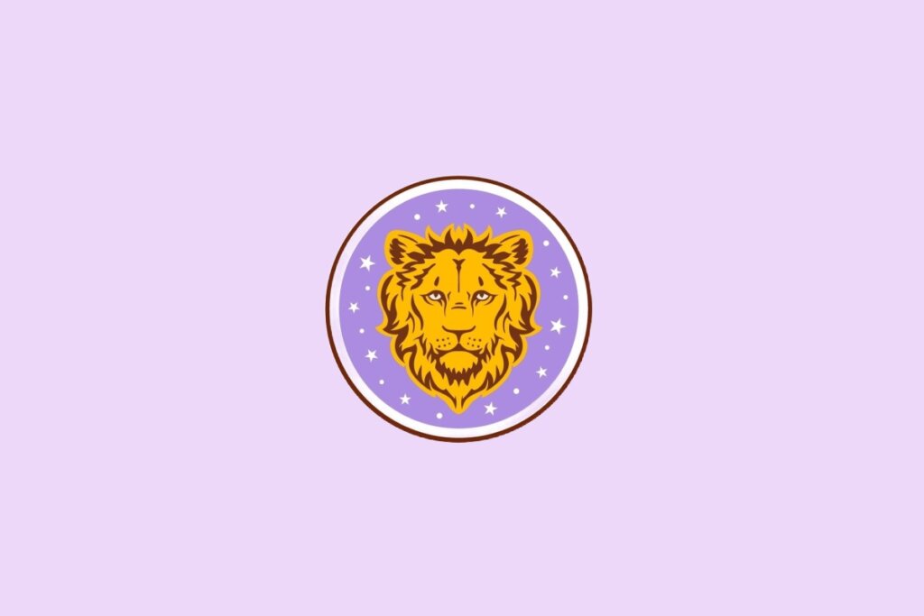 Ilustração do signo de Leão, mostrando a cabeça de um leão com juba em fundo lilás
