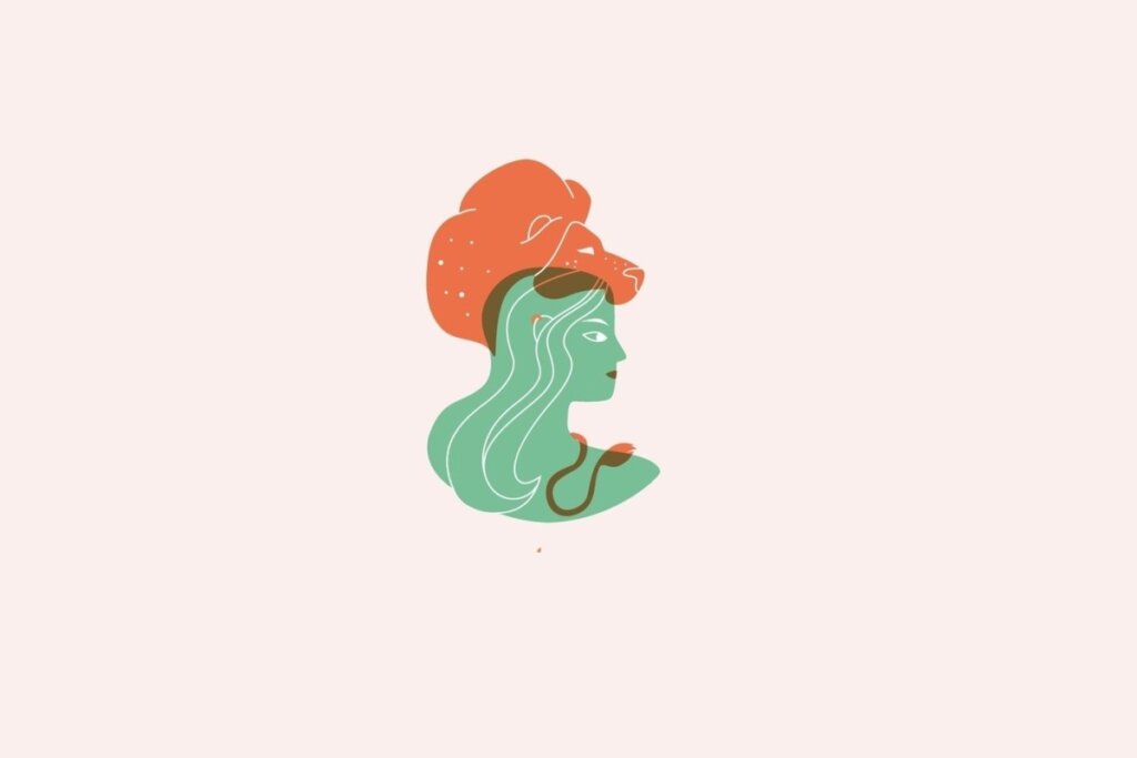 Ilustração do signo de Leão contendo uma mulher com um leão sobre a cabeça em fundo rosa-claro