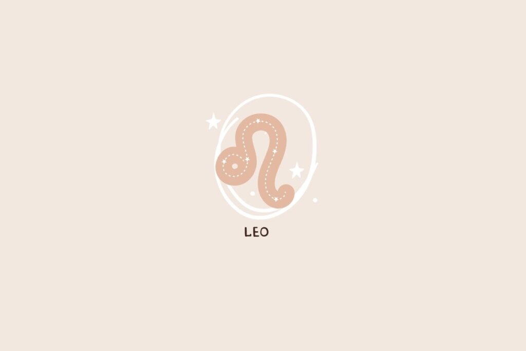 Ícone do signo de Leão com um traço curvado representando a juba do leão, pontilhado e com detalhes de estrelas sobre um fundo rosa-claro