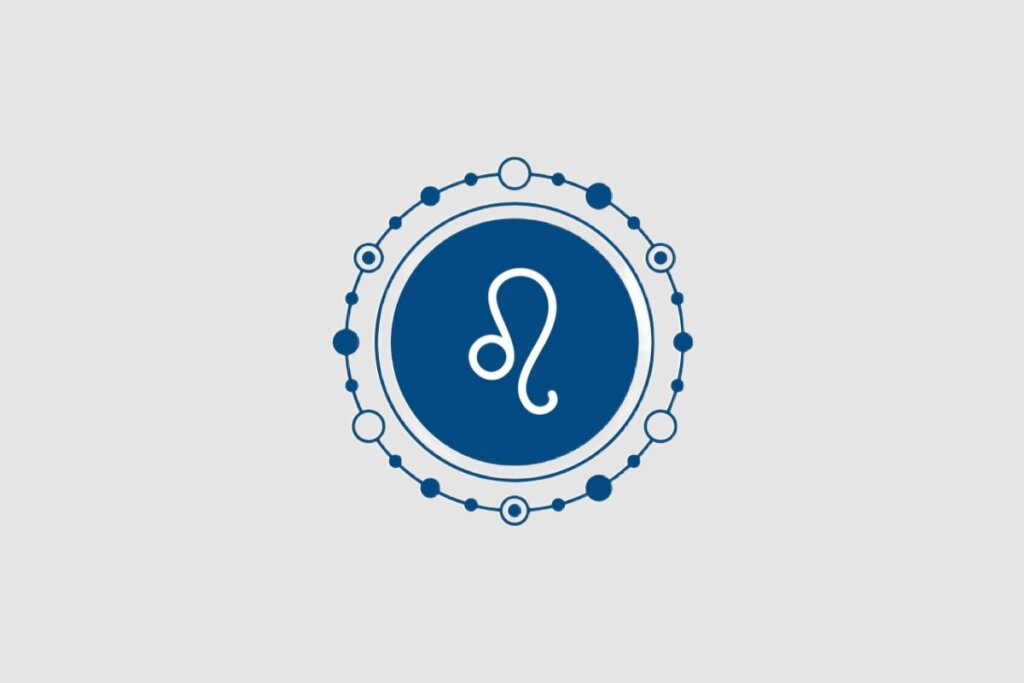 Ilustração do signo de Leão, com símbolo branco curvado lembrando uma cauda estilizada, inserido num fundo azul-escuro com moldura de círculos interligados