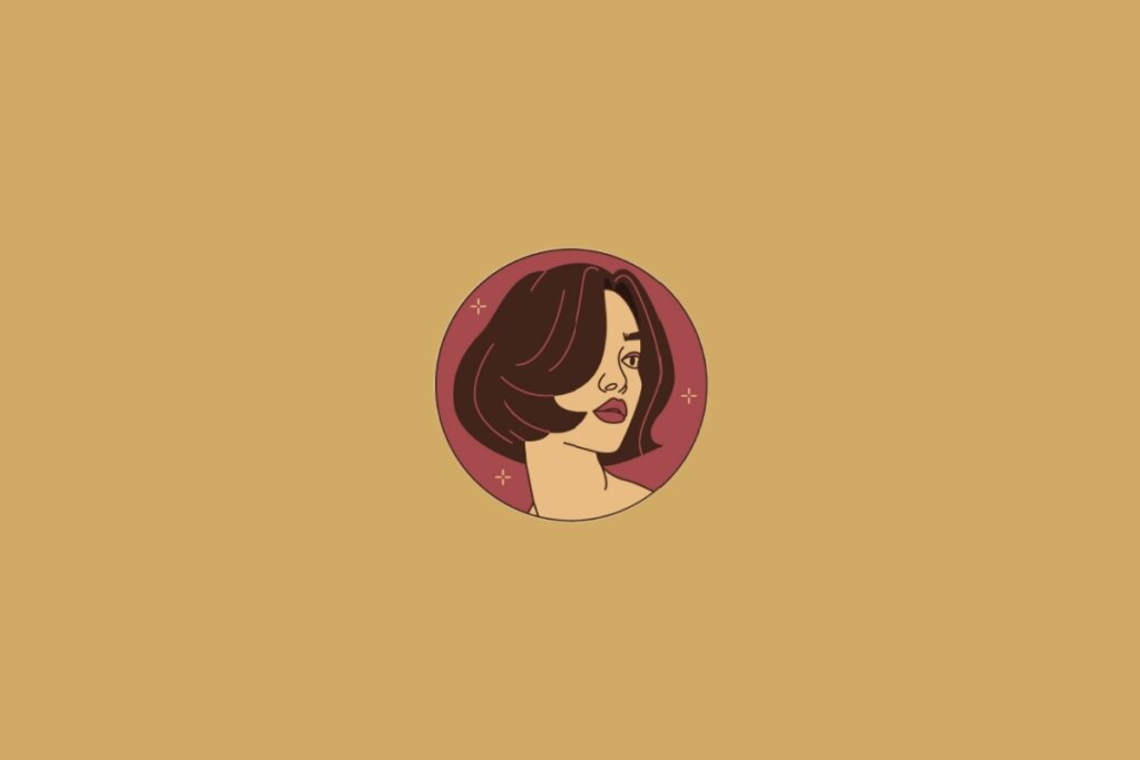 Ilustração do signo de Virgem contendo o rosto de uma mulher com cabelo curto estilizado em fundo mostarda