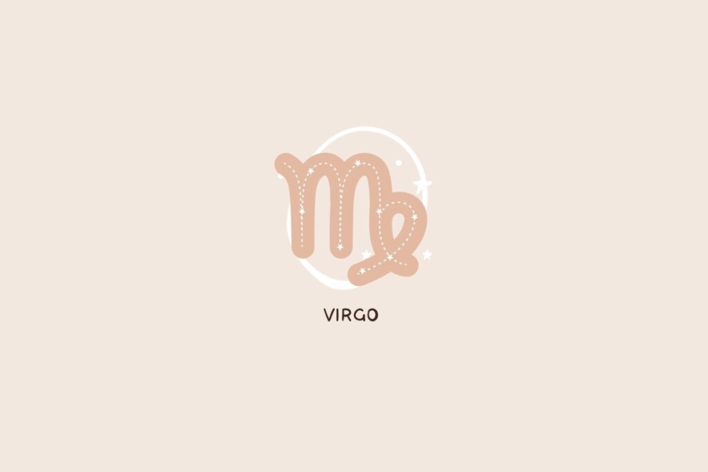 Ícone do signo de Virgem representando um “M” estilizado com uma curva no final, traços pontilhados e detalhes de estrelas sobre um fundo rosa-claro