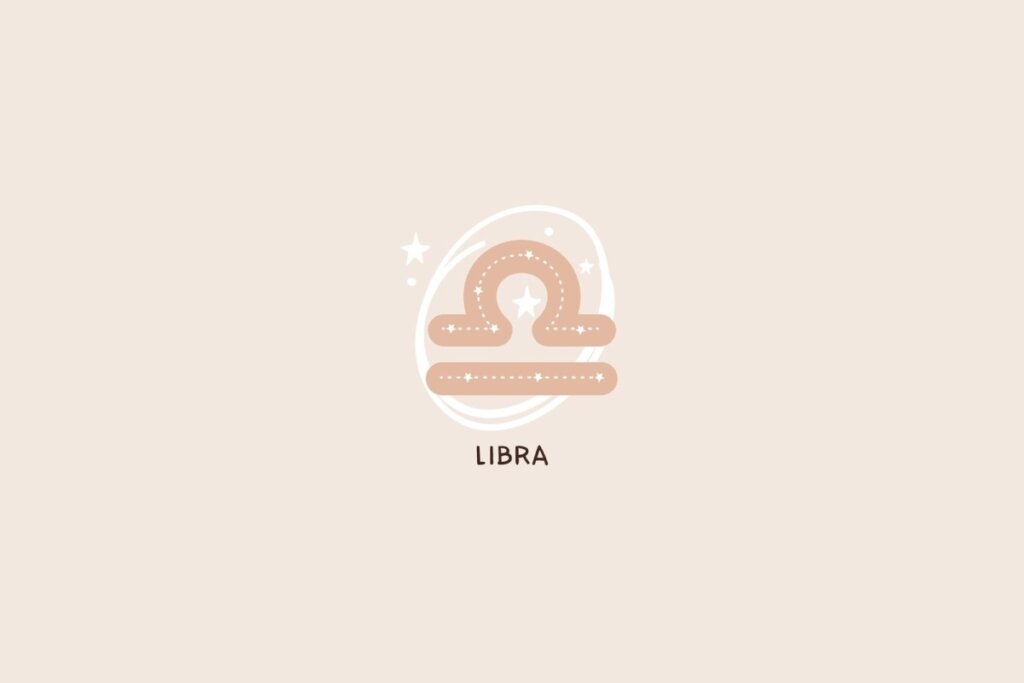Ícone do signo de Libra formado por uma linha horizontal e um arco superior, com traços pontilhados e detalhes de estrelas sobre um fundo rosa-claro