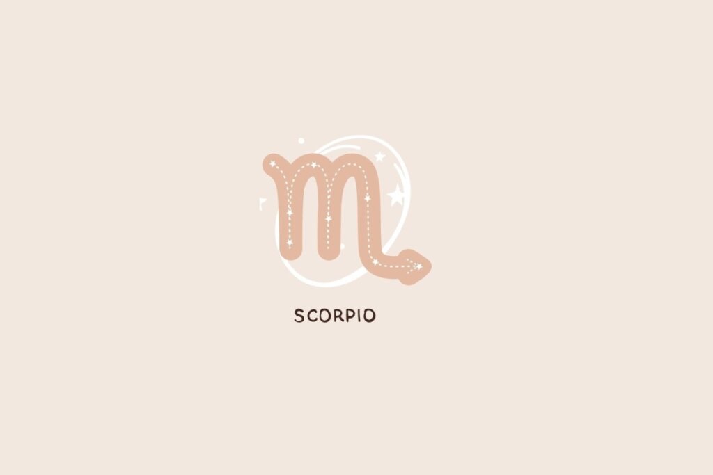 Ícone do signo de Escorpião representando um “M” estilizado com uma cauda curva apontando para a direita, traços pontilhados e detalhes de estrelas sobre um fundo rosa-claro