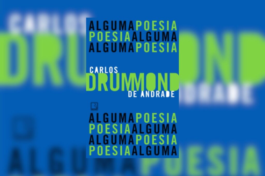 Capa do livro "Alguma poesia", com o nome do autor em destaque sobre um fundo azul com o nome do livro repetido diversas vezes e formando linhas