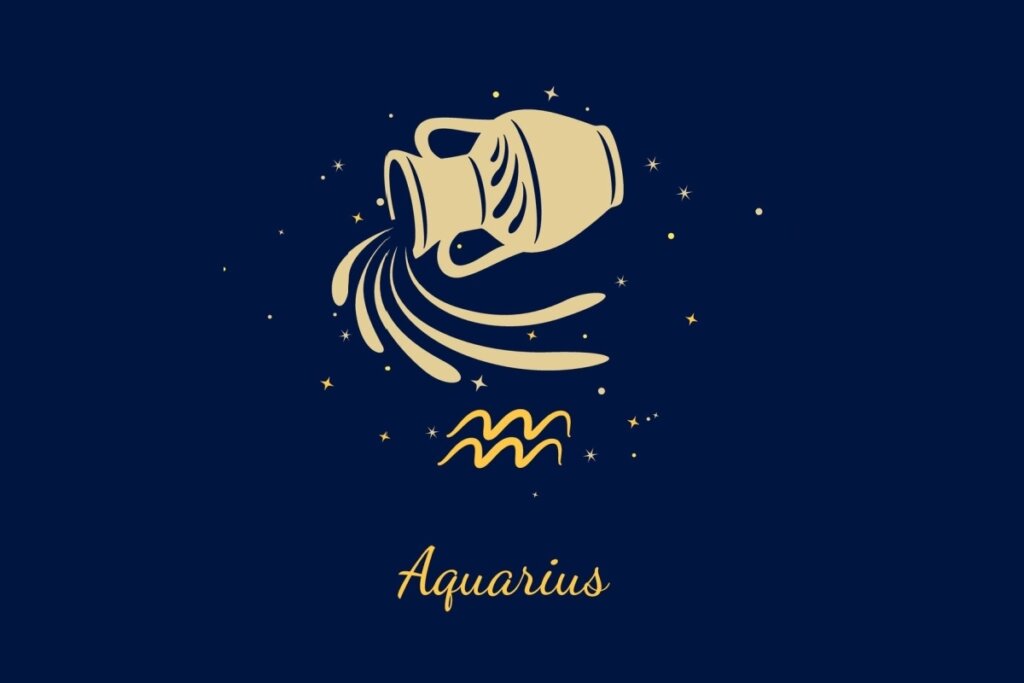 Um fundo azul-marinho escuro com ilustração de um vaso (ânfora) inclinado, do qual jorra água em movimento. Abaixo do vaso, o glifo de Aquário (duas linhas onduladas paralelas). Abaixo, o texto "Aquarius".