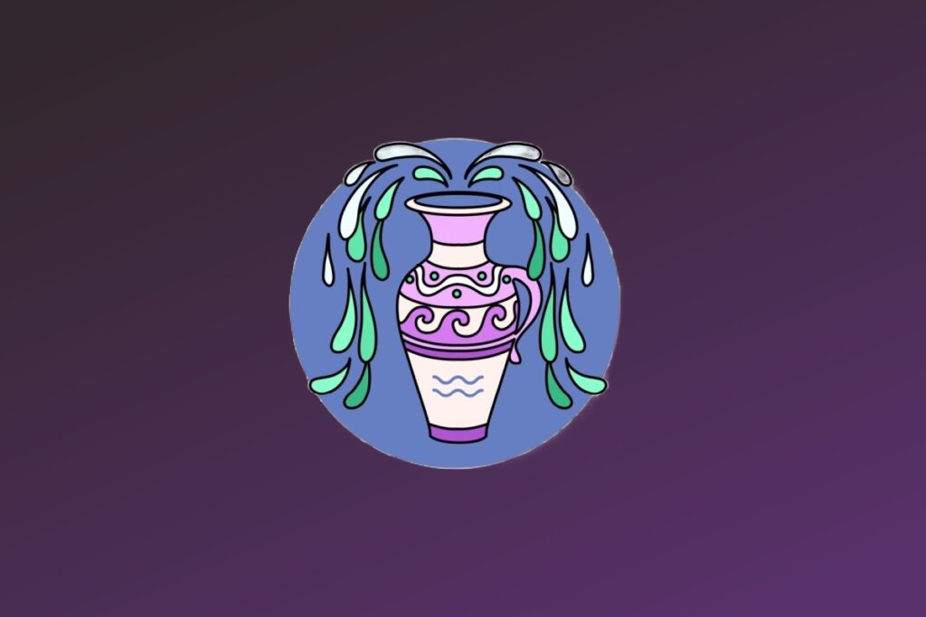 Ilustração do signo de Aquário. Um vaso ou ânfora decorada com ondas roxas e detalhes em branco está centralizado. Do topo do vaso, jorram fluxos de água estilizados em tons de verde-água e branco que caem pelas laterais. O símbolo de Aquário (duas ondas) aparece desenhado na parte inferior do próprio vaso.