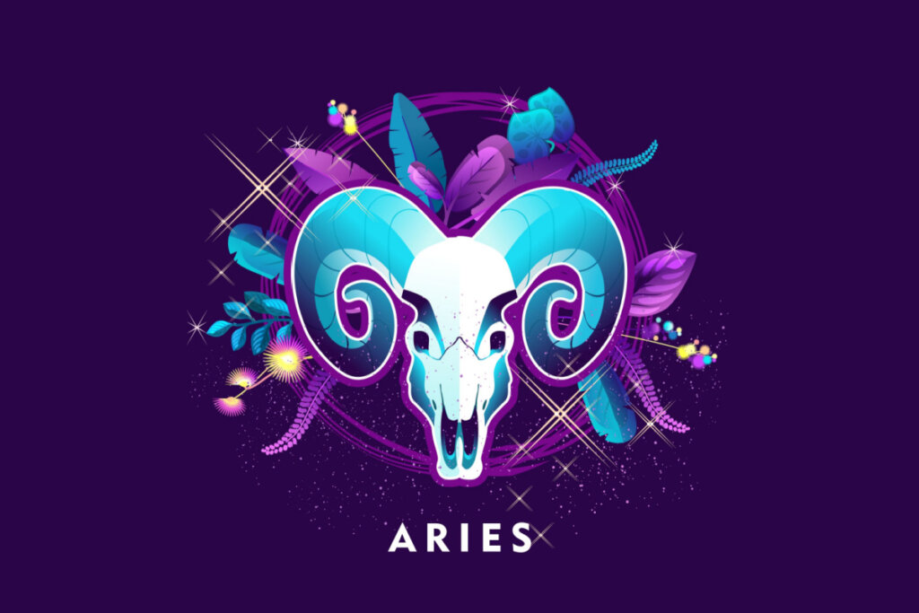 Símbolo do signo de Áries em azul com detalhes em roxo em um fundo roxo