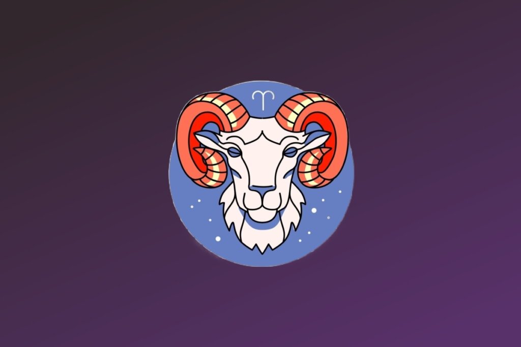 Ilustração estilizada do signo de Áries. No centro de um círculo azul, há a cabeça de um carneiro branco vista de frente. Ele possui grandes chifres espiralados com listras horizontais em tons de vermelho e laranja. O símbolo de Áries aparece em branco logo acima da cabeça do animal.
