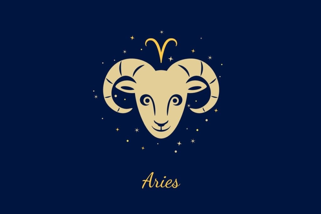 Um fundo azul-marinho escuro com ilustração frontal da cabeça de um carneiro com chifres grandes e espiralados. Acima dele, o glifo de Áries (formato de "V" curvado). Abaixo, o texto "Aries".
