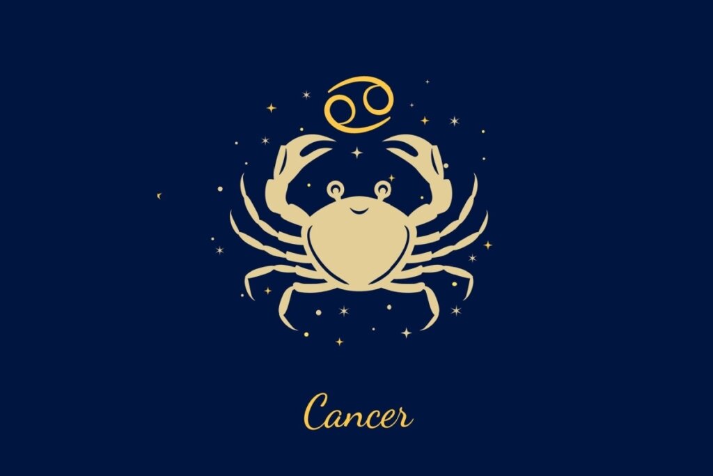 Um fundo azul-marinho escuro com ilustração de um caranguejo visto de cima, com as garras abertas. Acima dele, o glifo de Câncer (número 69 na horizontal). Abaixo, o texto "Cancer".