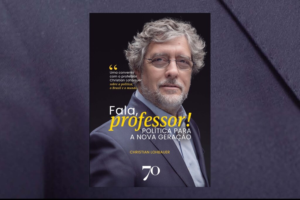 Retrato do professor Christian Lohbauer usando óculos, com uma expressão serena. O título "Fala, professor!" aparece em destaque amarelo e branco sobre um fundo preto, com o subtítulo "Política para a nova geração".