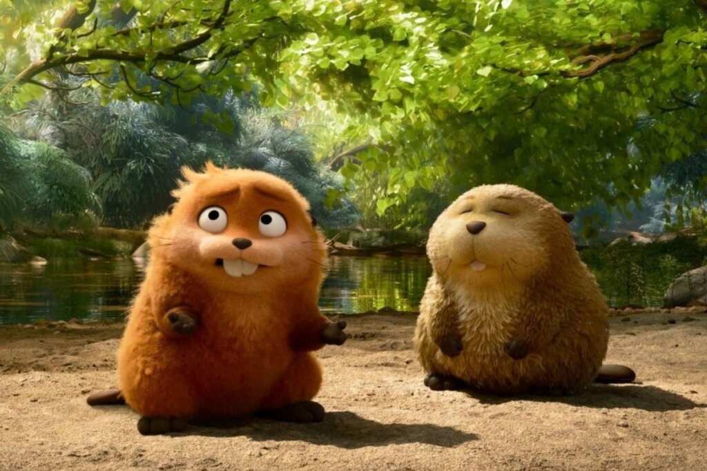 cena do filme "Cara De Um, Focinho De Outro", com dois castores assustados no meio de uma floresta