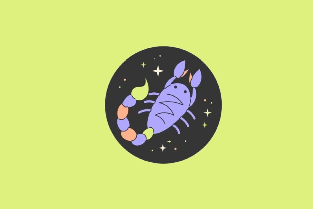 Ilustração circular com fundo preto de um escorpião roxo amigável com a cauda segmentada em cores pastéis e pinças levantadas. O fundo externo é verde-limão.