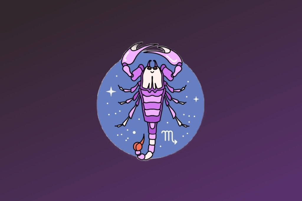 Ilustração do signo de Escorpião. Um escorpião estilizado em tons de lilás e roxo está posicionado verticalmente no centro do círculo azul. Ele possui pinças grandes voltadas para cima e uma cauda curvada com o ferrão destacado em laranja. O símbolo de Escorpião aparece em branco à direita da cauda.
