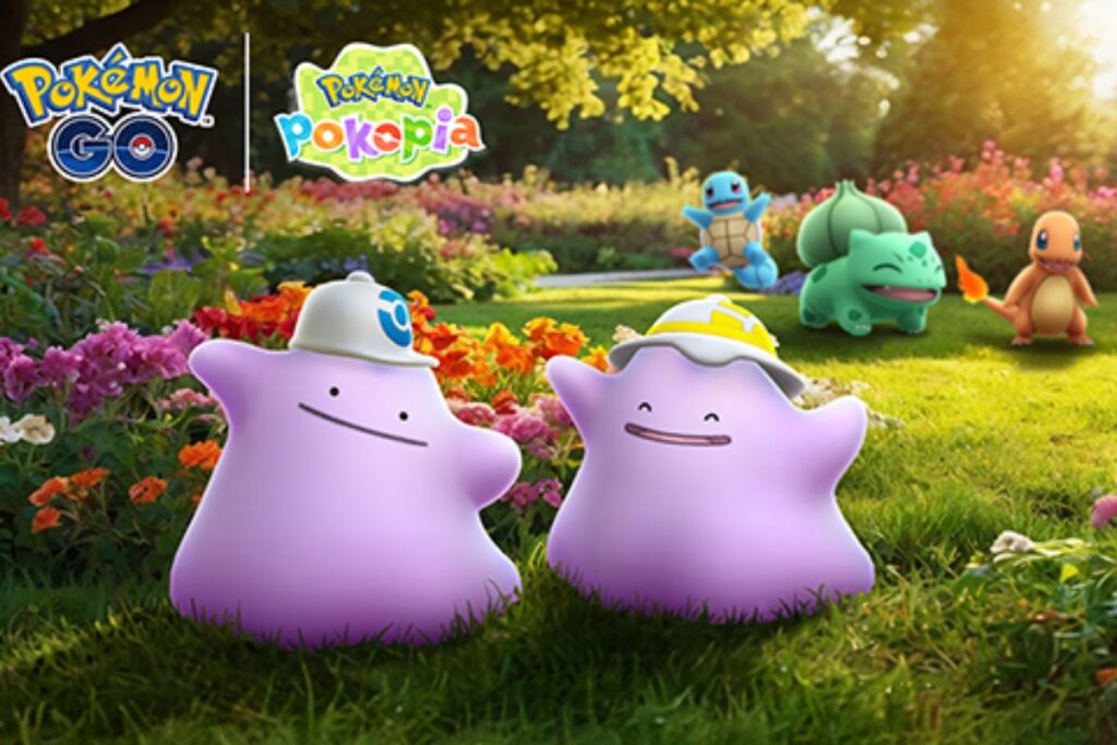 Imagem de Pokémon Pokopia com dois Ditto usando chapéu em um parque 
