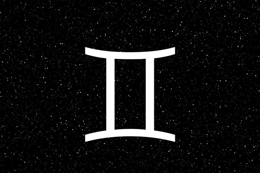 Símbolo de Gêmeos com textura de galáxia azul e efeito de vidro, representando o algarismo romano dois (II), sobre um fundo de céu noturno azul-escuro profundo e estrelado.