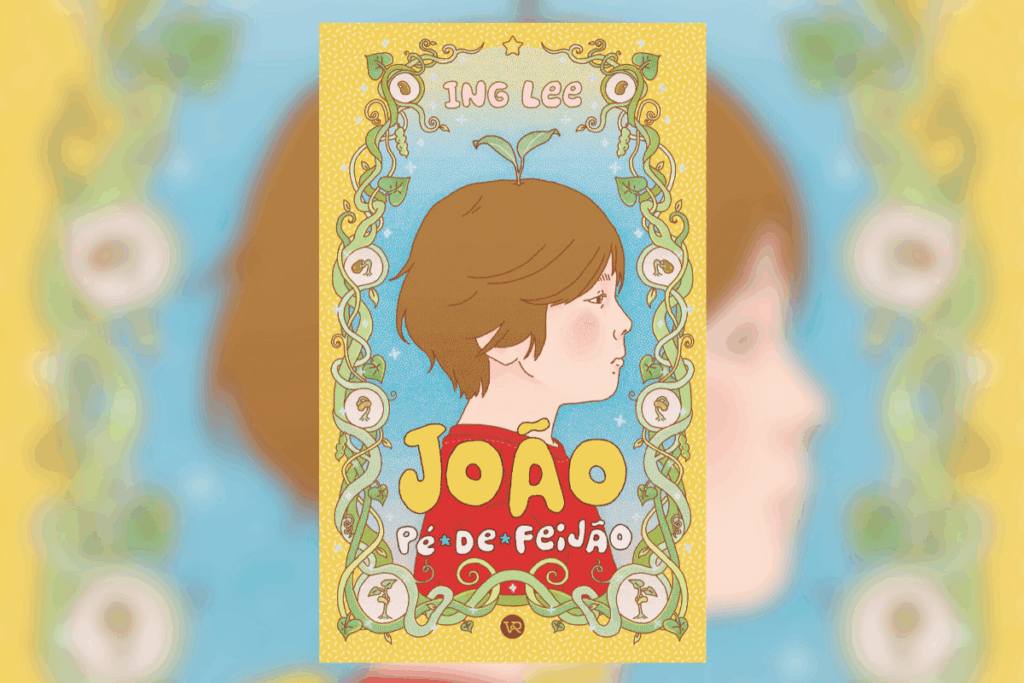 Capa do livro "João pé-de-feijão", com a ilustração de um menino virado de lado, sobre um fundo azul-claro, com ramos de feijão ao seu redor