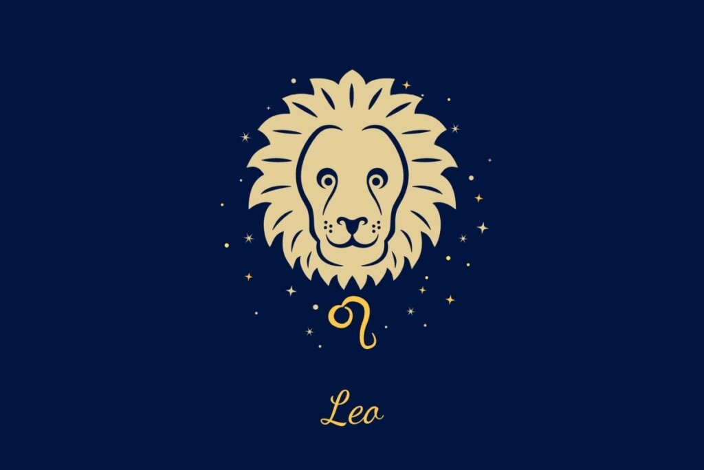 Um fundo azul-marinho escuro com ilustração frontal da cabeça de um leão com uma juba farta e simétrica. Abaixo do queixo, o glifo de Leão (um círculo com uma cauda curvada). Abaixo, o texto "Leo".