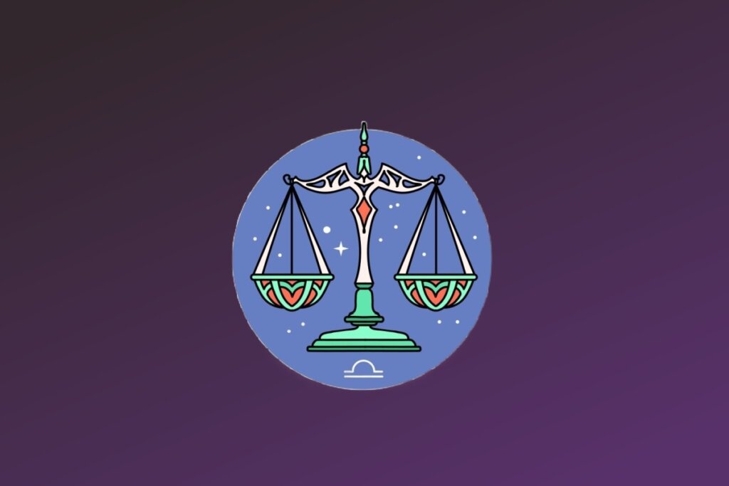 Ilustração estilizada do signo de Libra. No centro de um círculo azul, há uma balança simétrica de cor verde-água com detalhes em branco e coral. Os pratos da balança pendem de correntes finas e possuem padrões geométricos em tons de laranja e verde. Logo abaixo da base da balança, encontra-se o símbolo de Libra em branco.
