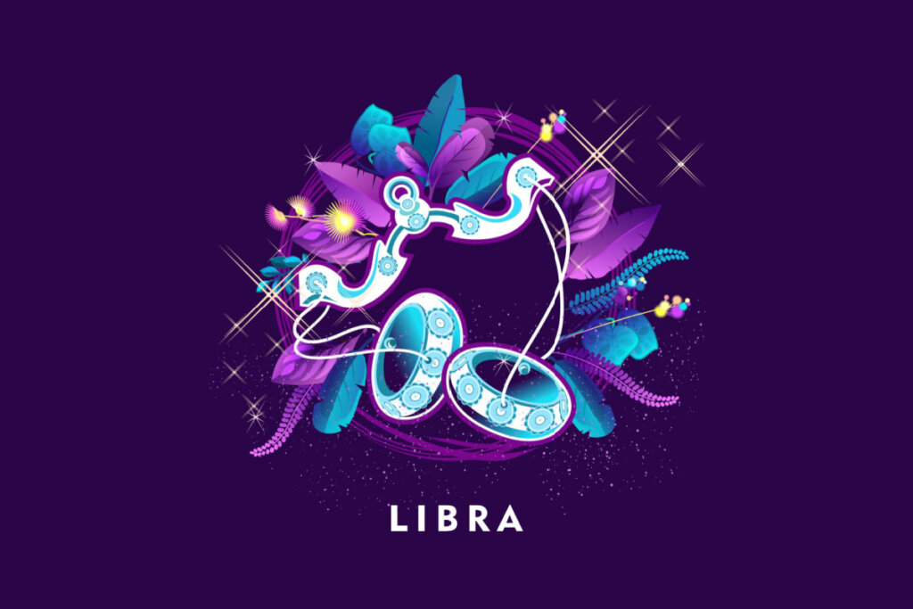 Símbolo do signo de Libra em azul com detalhes em roxo em um fundo roxo