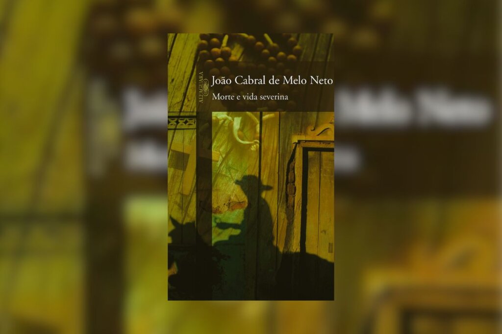 Capa do livro "Morte vida severina", com a ilustração da sombra de uma pessoa andando na rua