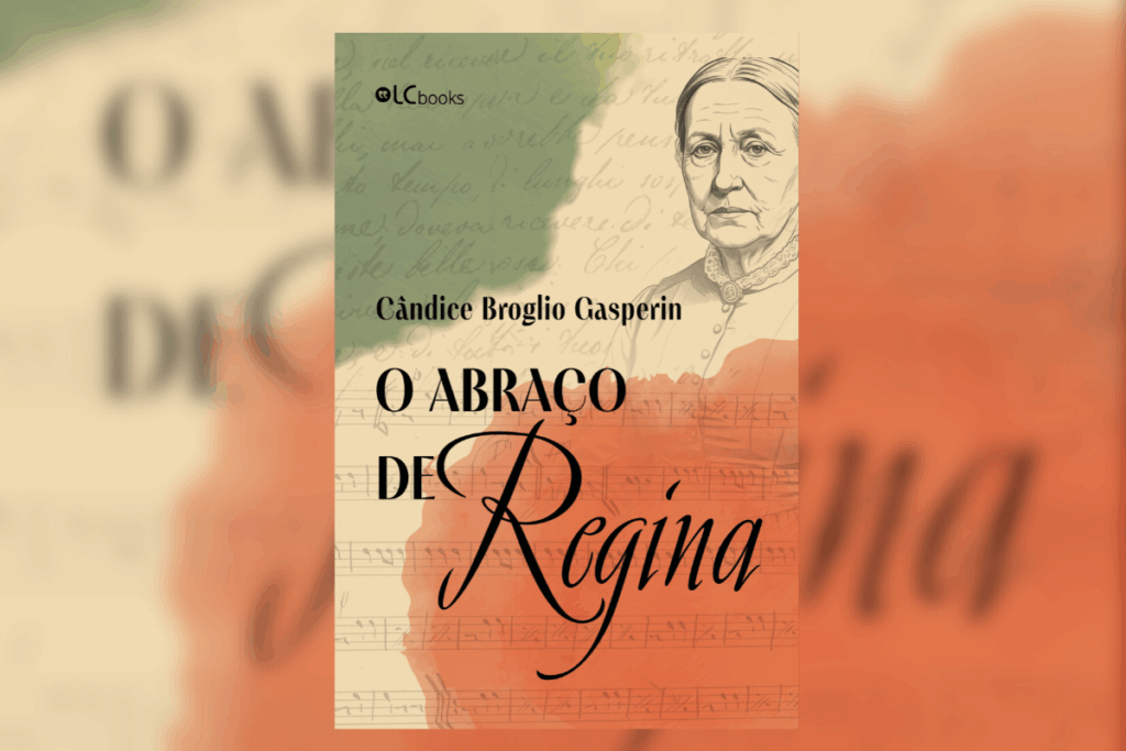 Capa do livro "O abraço de Regina", com a ilustração do rosto de uma mulher de meia-idade no canto superior esquerdo, sobre um fundo bege com manchas verde e vermelha