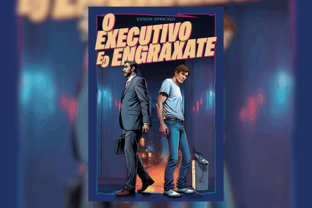 Capa do livro "O executivo e o engraxate", com a ilustração de dois homens entrando em uma sala 