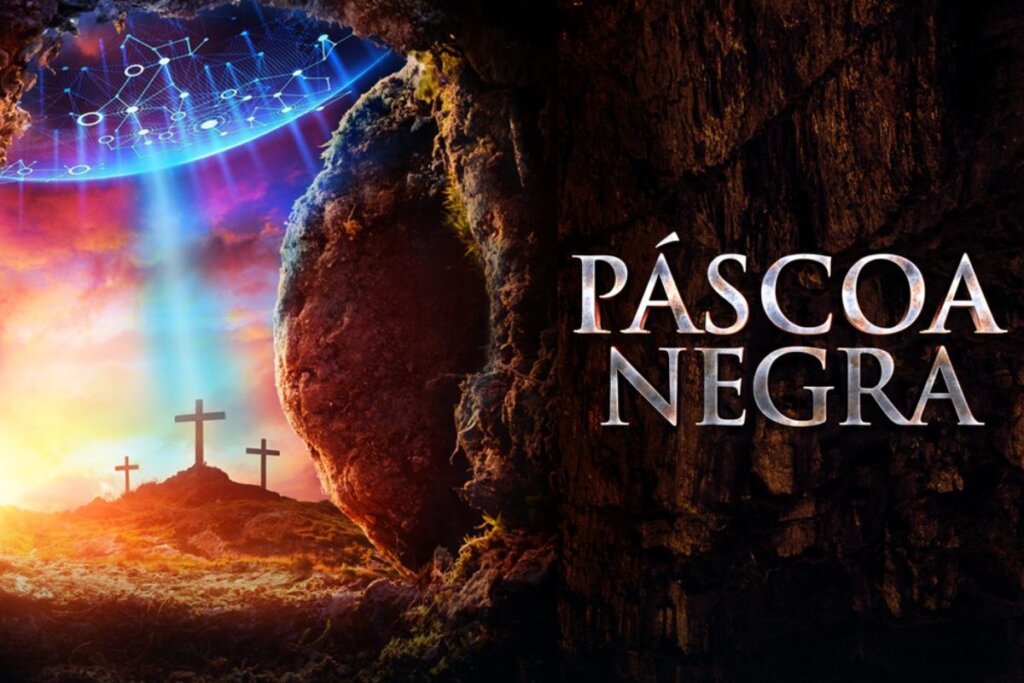 Capa do filme "Páscoa Negra", com a ilustração de uma tumba sendo aberta e três cruzes do lado de fora
