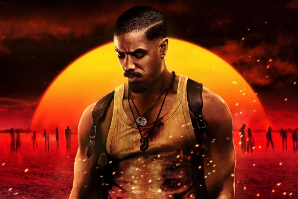 Capa do filme "Pecadores", com um homem em frente ao sol, com mochila nas costas e pessoas menores ao fundo
