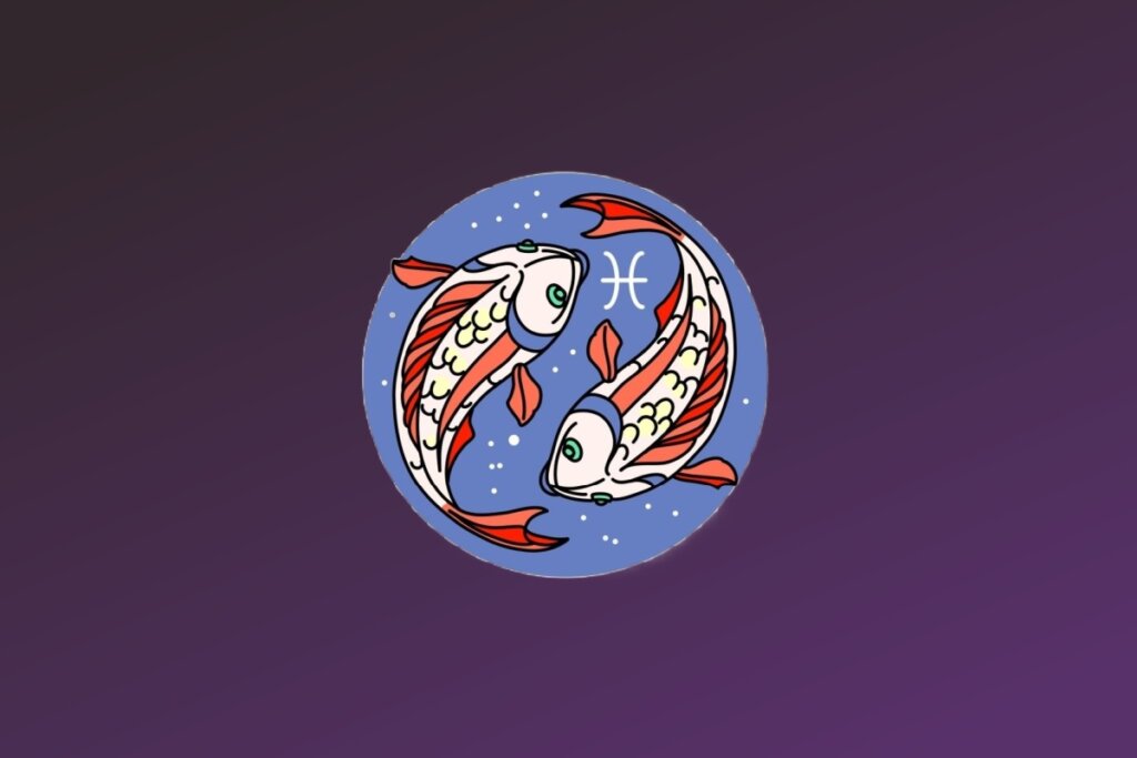 Ilustração do signo de Peixes. Dois peixes estilizados nadam em sentido oposto, formando um movimento circular. Eles possuem corpos brancos com escamas desenhadas em preto e nadadeiras em tons de laranja e vermelho. Entre os dois peixes, no centro superior, está o símbolo de Peixes em branco.