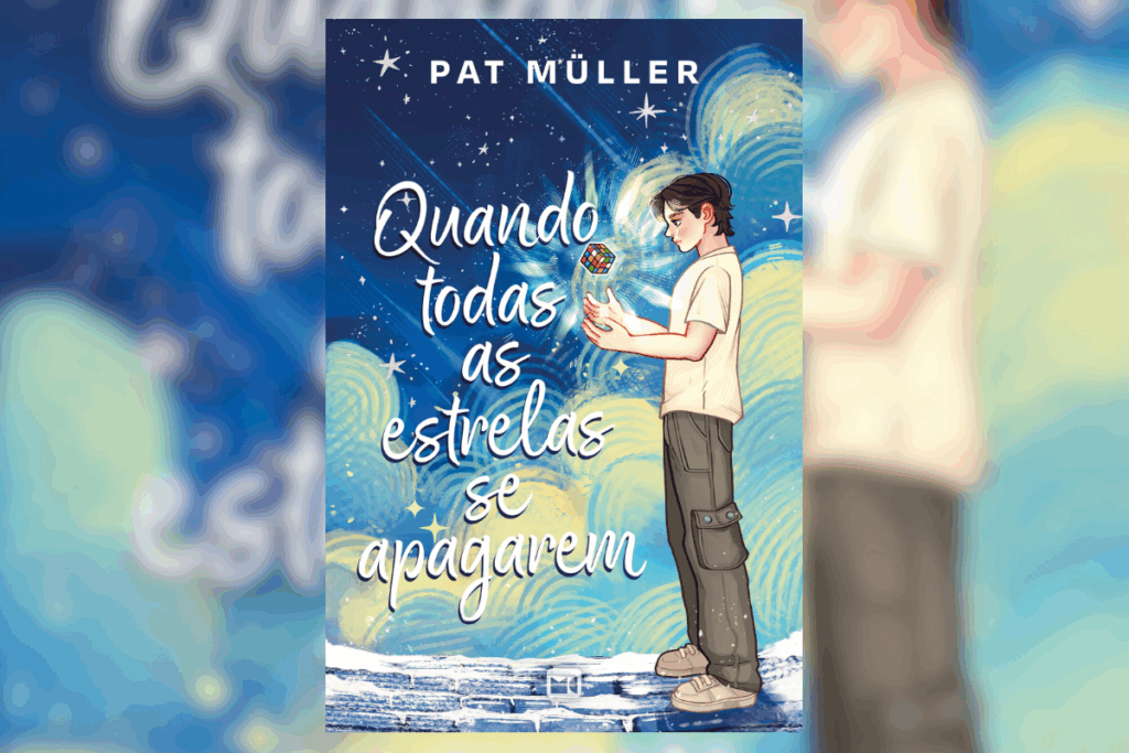 Capa do livro "Quando todas as estrelas se apagarem", com a ilustração de um menino segurando um cubo mágico em frente a um céu azul com nuves 