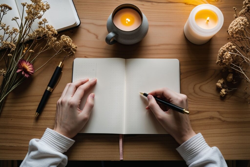Vista superior das mãos de uma pessoa escrevendo em um caderno de páginas em branco sobre uma mesa de madeira. A cena é aconchegante, iluminada pela luz quente de duas velas acesas. Ao redor do caderno, há uma caneta tinteiro preta, ramos de flores secas em tons de bege e bordô, e uma caneca cinza. A pessoa veste uma blusa branca de tricô, reforçando a atmosfera de introspecção e tranquilidade.