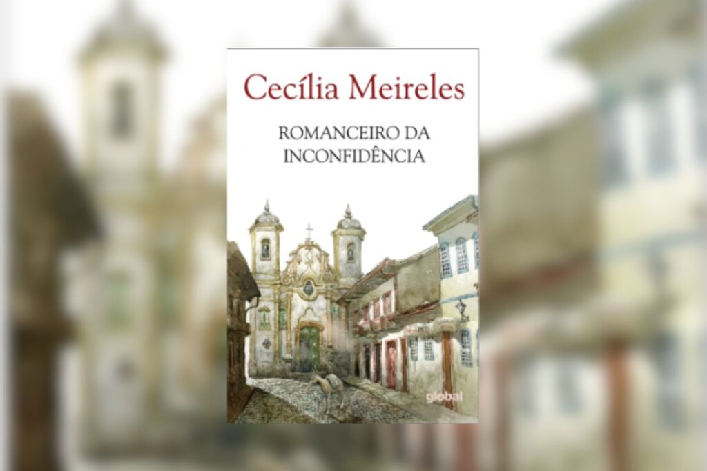 Capa do livro "Romanceiro da inconfidência", com a ilustração de uma cidade colonial com o nome do livro e da autora acima